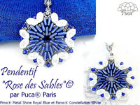 Blue and white beaded pendants with 'Rose des Sables' text and Puca Paris branding.