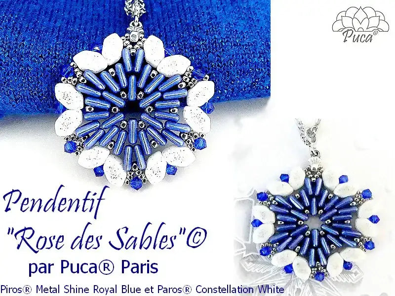 Blue and white beaded pendants with 'Rose des Sables' text and Puca Paris branding.