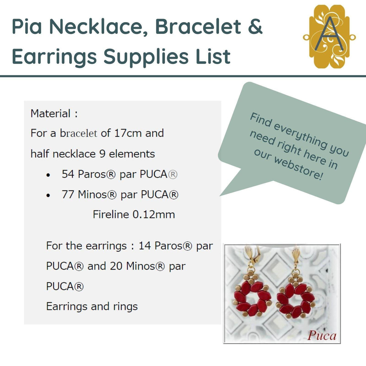 Pia Necklace, Bracelet & Earrings Pattern Par Puca - The Argus Collection