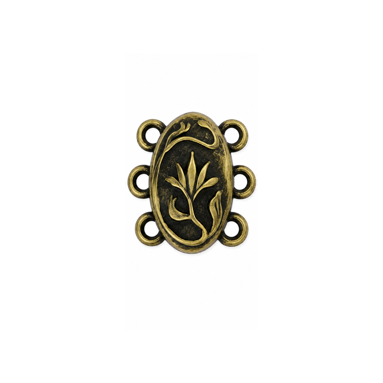 TierraCast Posy 3-Strand Magnetic Clasp in Antique Brass, 15mm, with floral design and three attachment loops.
