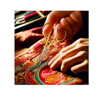 Gold-handled precision tip scissors being used to cut thread on colourful embroidered fabric, demonstrating detailed needlework and crafting.
