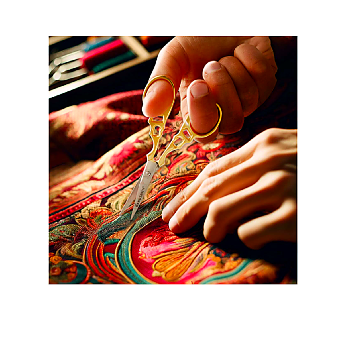 Gold-handled precision tip scissors being used to cut thread on colourful embroidered fabric, demonstrating detailed needlework and crafting.