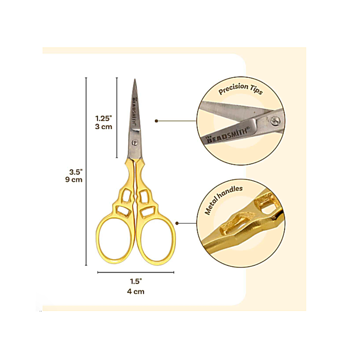 Precision tip scissors measuring 3.5 inches long, with detailed views of the pointed stainless steel blades and decorative gold-tone metal handles.