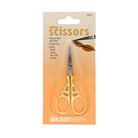 3.5-inch precision tip mini scissors with stainless steel blades and gold-tone handles displayed in original retail packaging.