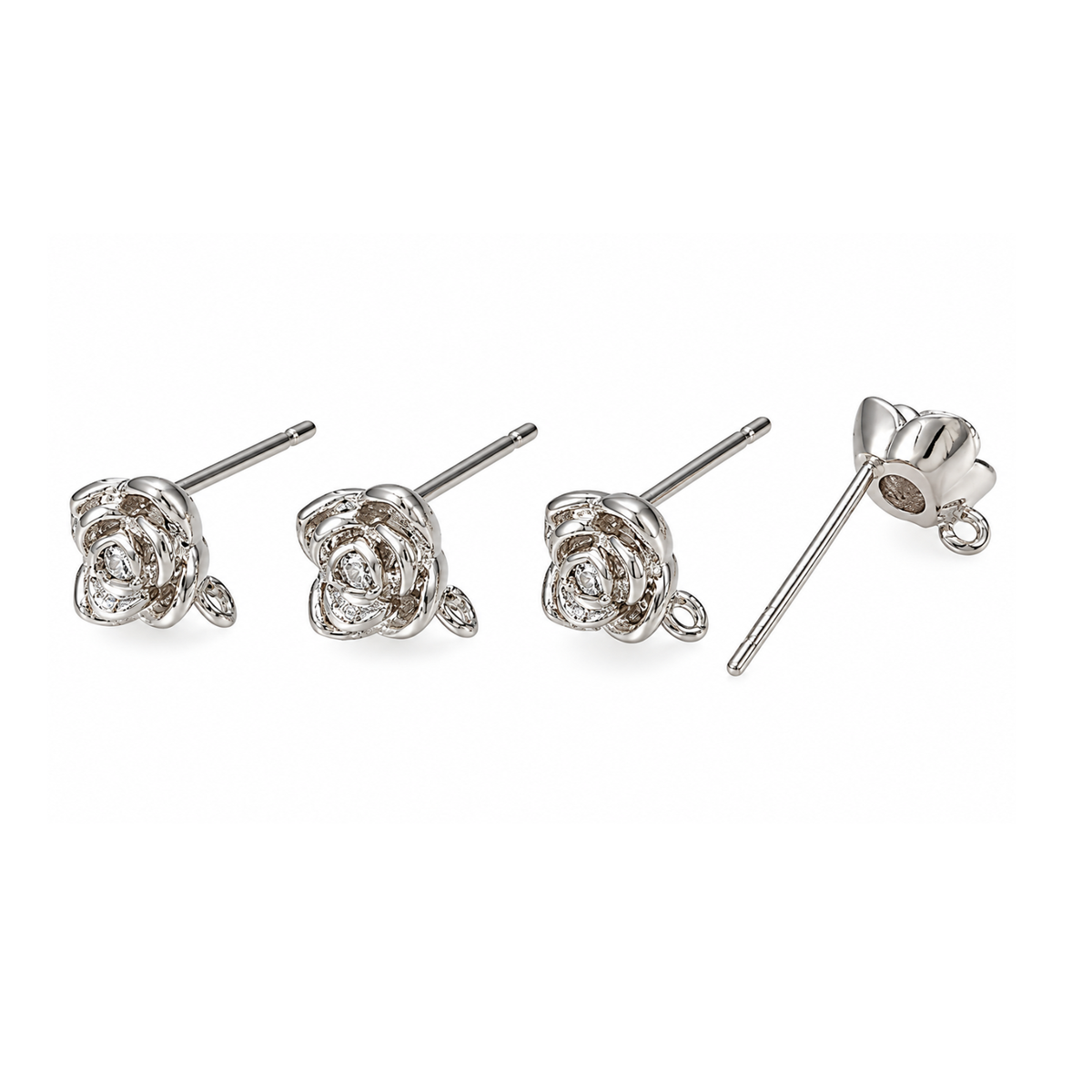 Four rose cubic zirconia earring posts in real platinum plating, showing floral fronts, attachment loops and post details