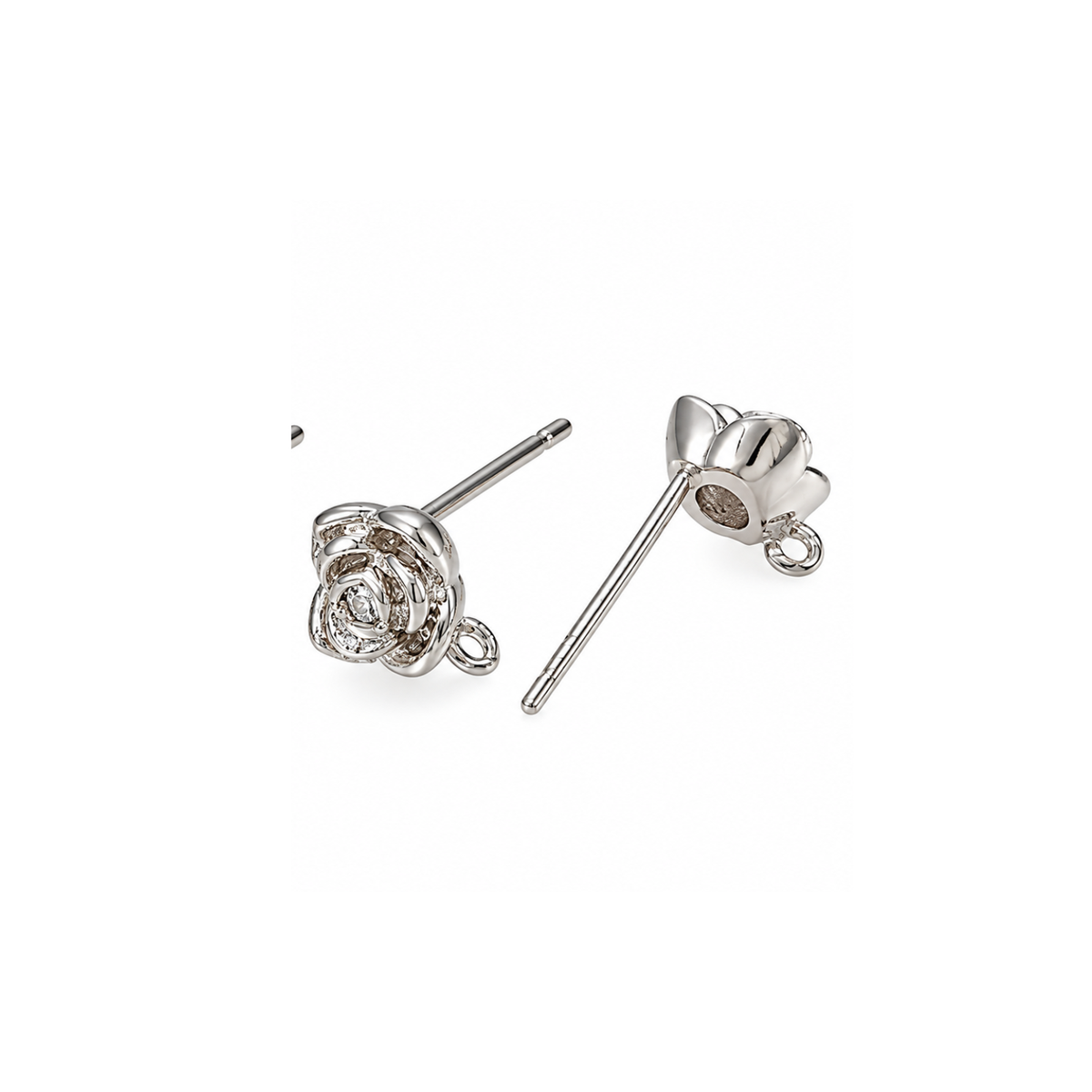 Platinum-plated rose cubic zirconia earring posts showing front and back views, straight posts and closed loops for dangles