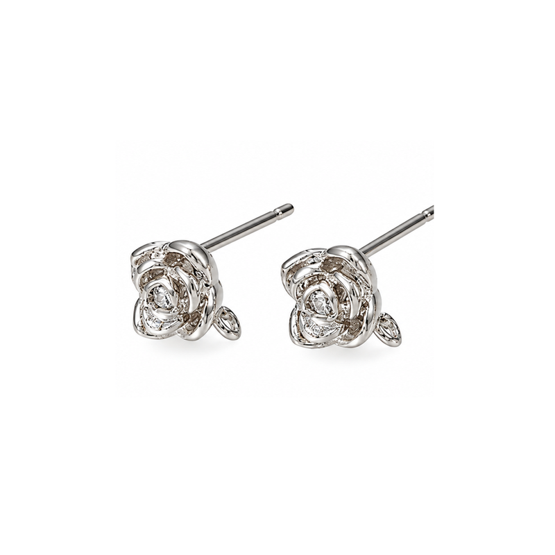 Rose cubic zirconia earring posts with platinum-plated floral design, straight posts and attachment loops, 2 pairs