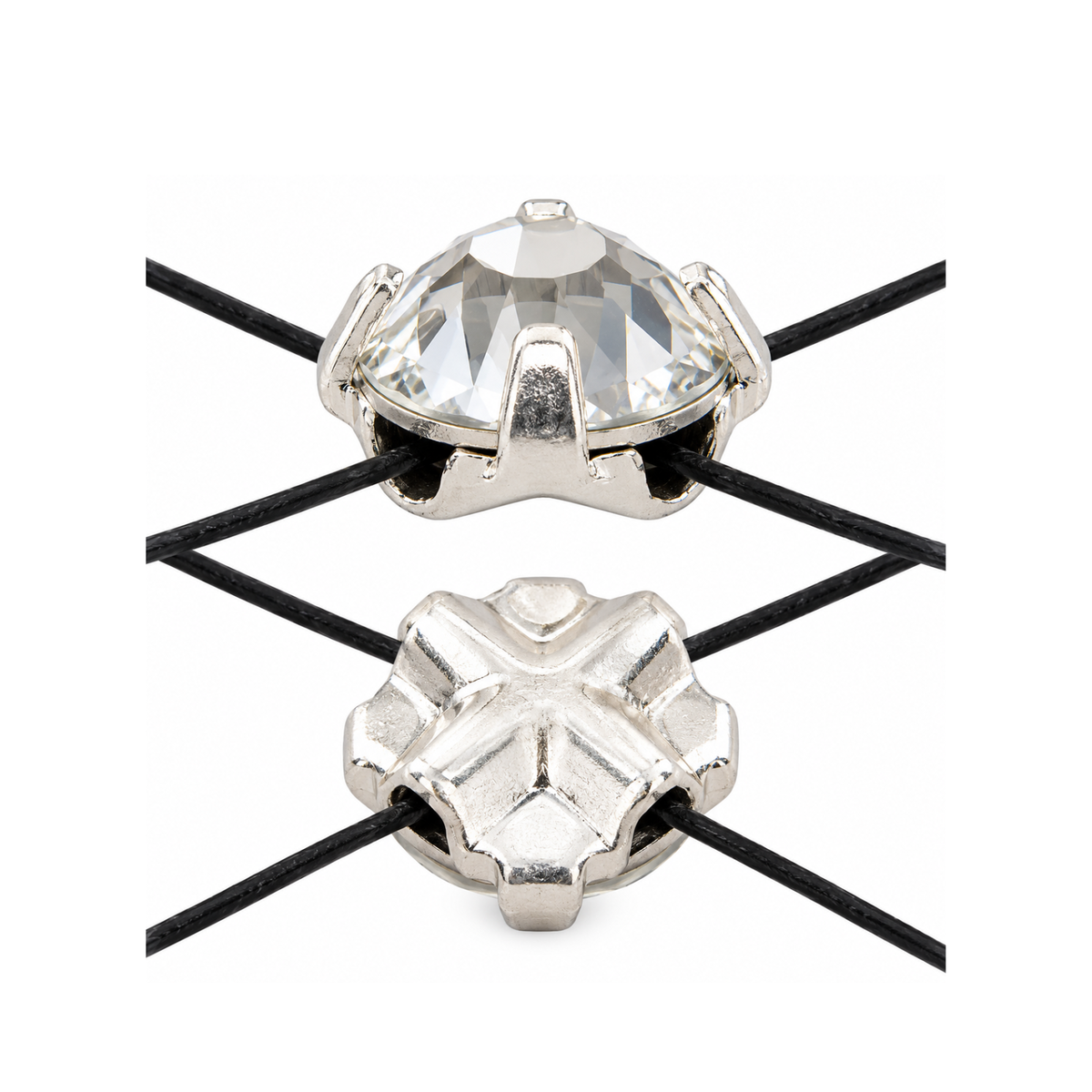 1. Preciosa Rose Montee sew-on crystal showing front and back views with four sewing channels for attaching to jewelry designs