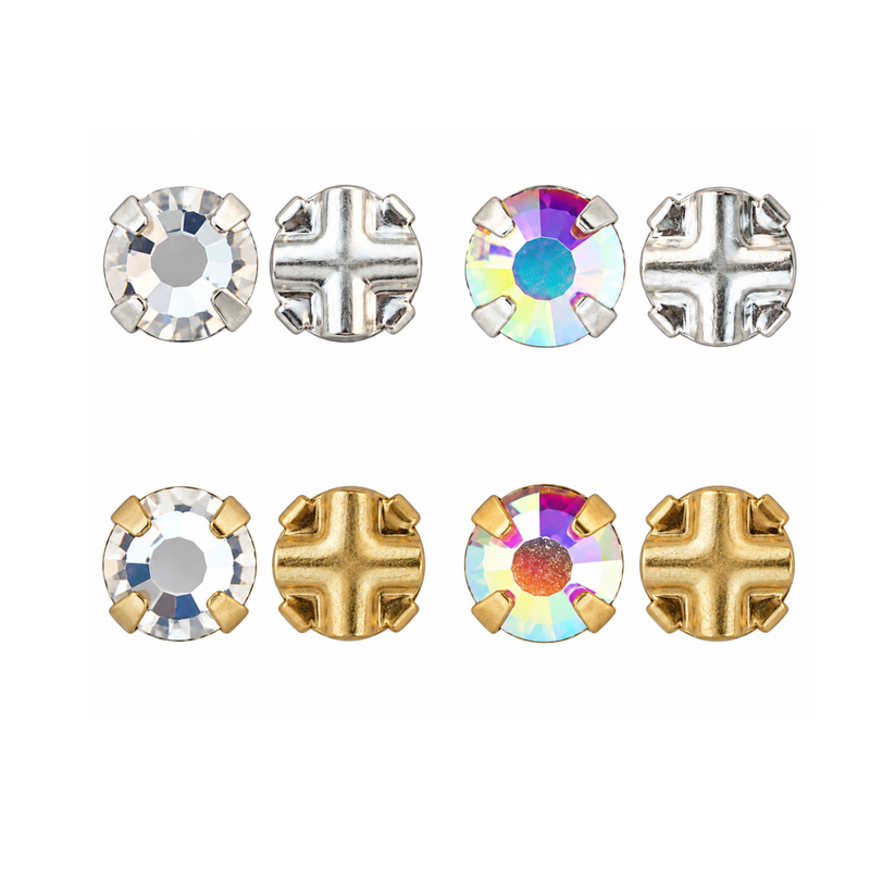 Preciosa Maxima Rose Montee sew-on crystals in Crystal and Crystal AB with silver and gold settings