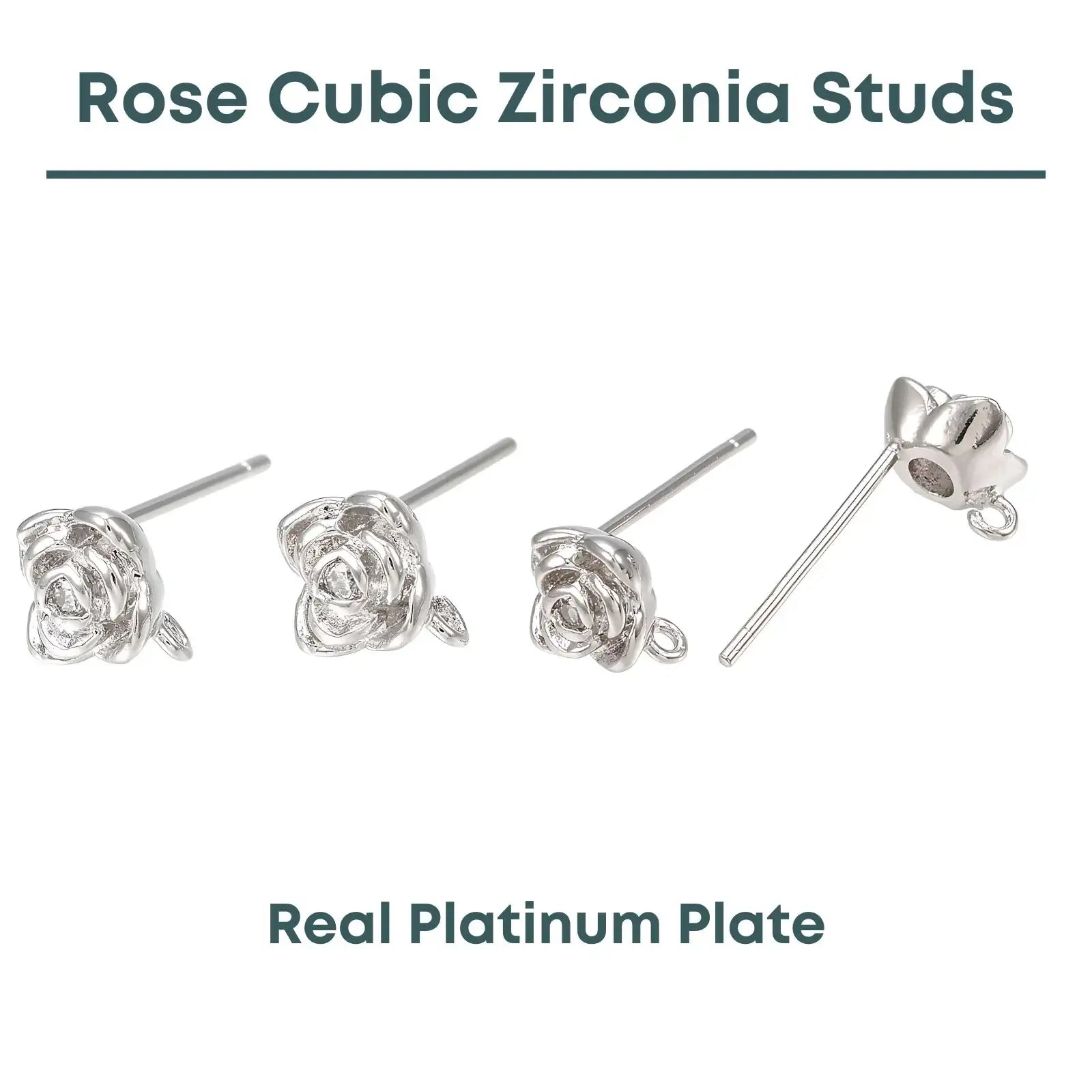 Rose Shaped Cubic Zirconia Stud Posts in Real Platinum Plate - The Argus Collection