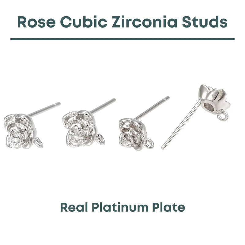 Rose Shaped Cubic Zirconia Stud Posts in Real Platinum Plate - The Argus Collection
