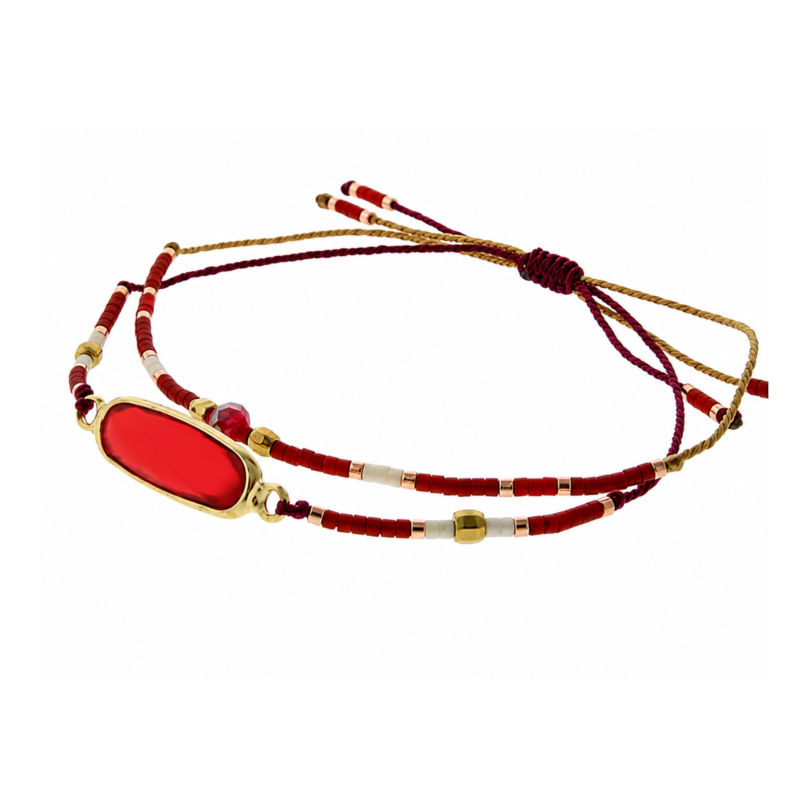 A beaded multi-strand cord bracelet with a prominent oval red stone in a gold bezel setting, accented with red, white, and gold beads on a white background.