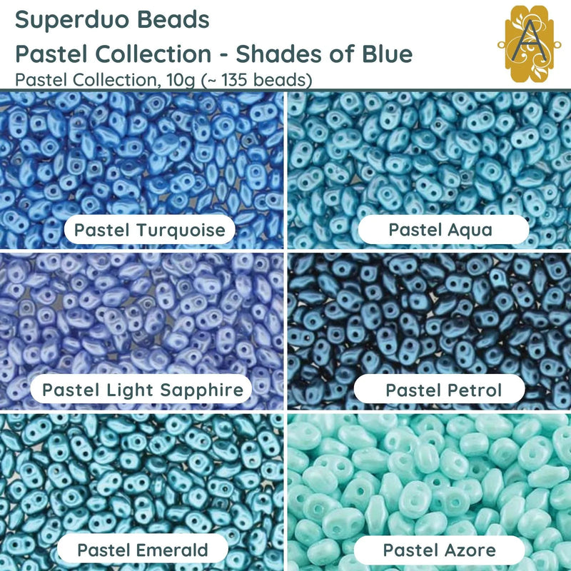 Superduo Beads, 10g., Pastel - Shades of Blue, 6 Colors - The Argus Collection