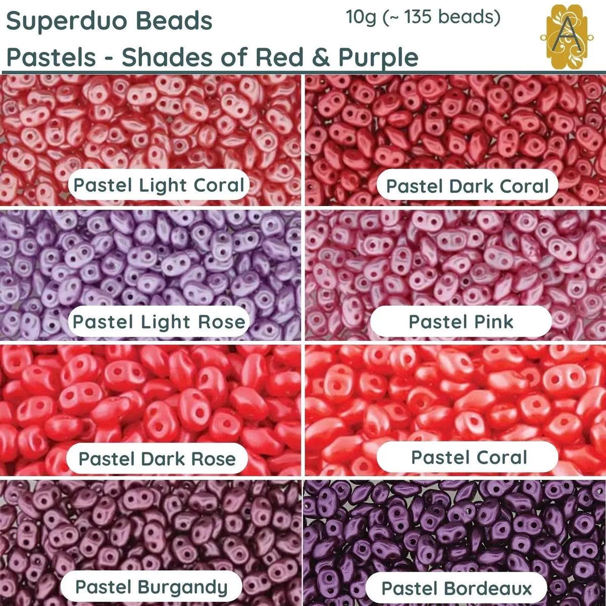 Superduo Beads, 10g., Pastels, Shades of Red & Purple, 8 Colors - The Argus Collection