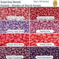 Superduo Beads, 10g., Pastels, Shades of Red & Purple, 8 Colors - The Argus Collection