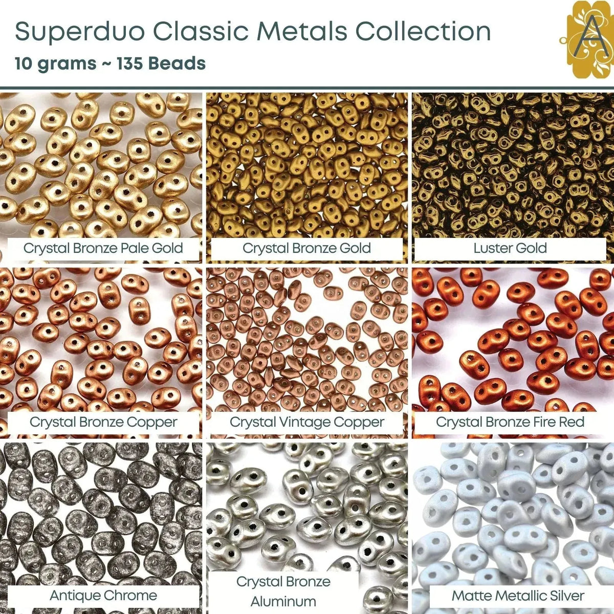 Superduo Beads, 10g., Classic Metals Collection, 10 Colors - The Argus Collection