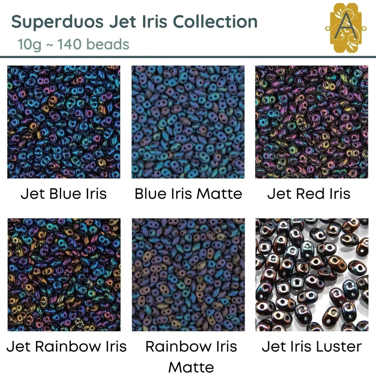 Superduo Beads, 10g., Rainbow Iris Collection, 6 Colors - The Argus Collection