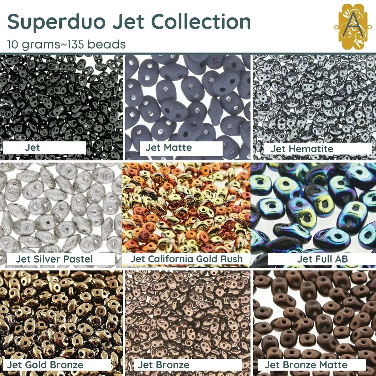 Superduo Beads, 10g., Jet Collection,9 Colors - The Argus Collection