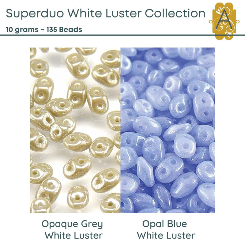 Superduo Beads, 10g., White Luster Collection, 13 Colors - The Argus Collection