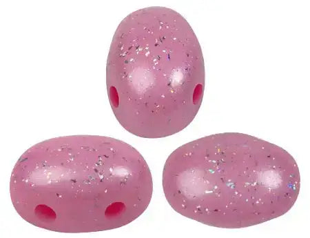 Three pink speckled 2-hole beads on a white background