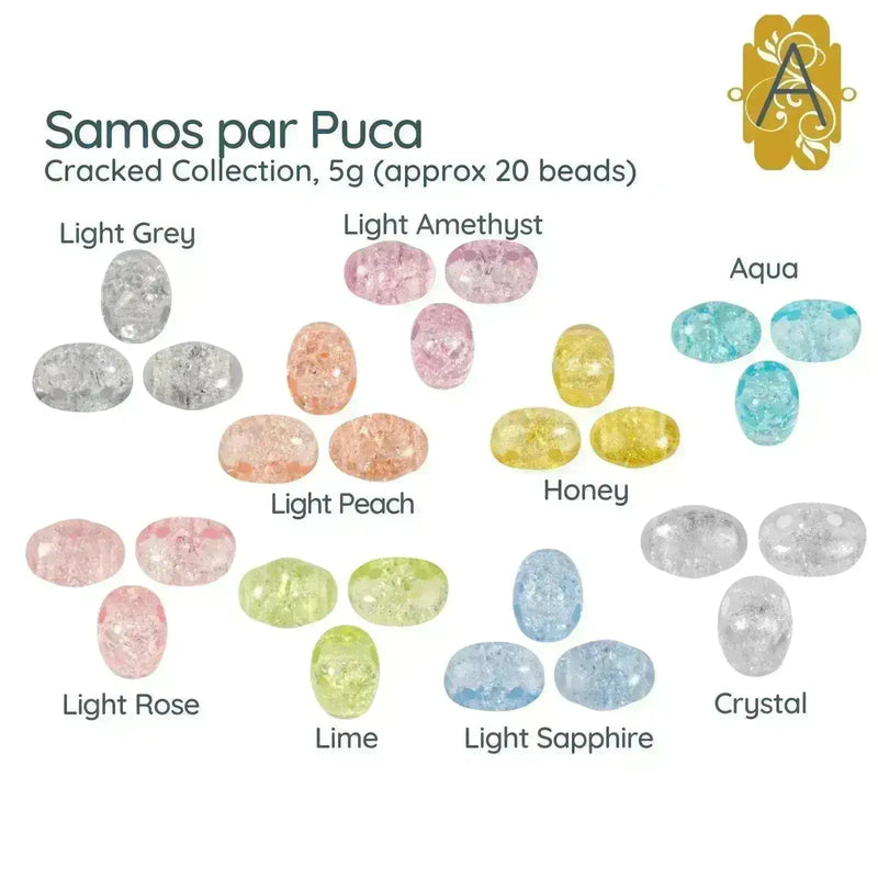 Color swatch of 'Samos par Puca' beads in various cracked colors with brand logo.