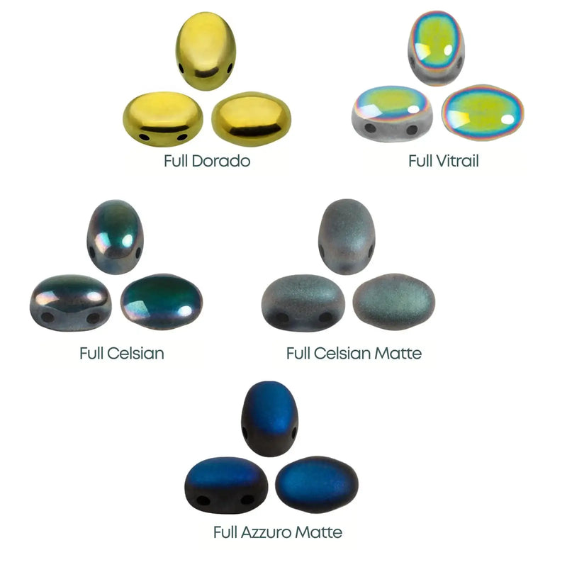 Collection of metallic 2-hole beads in various colors and finishes on a white background