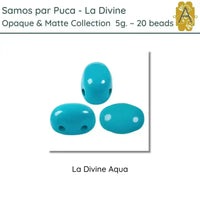 Three blue 2-hole beads labeled 'La Divine Aqua' on a white background with text about the product collection.