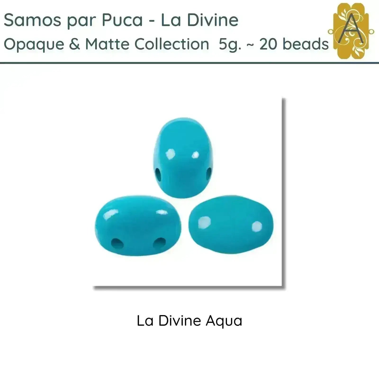 Three blue 2-hole beads labeled 'La Divine Aqua' on a white background with text about the product collection.