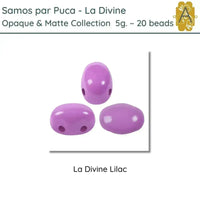 Purple 2-hole beads labeled 'La Divine Lilac' from the Opaque & Matte Collection by Samos par Puca.