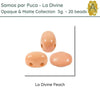 Three peach-colored 2-hole beads labeled 'La Divine Peach' from the 'Samos par Puca - La Divine' collection.