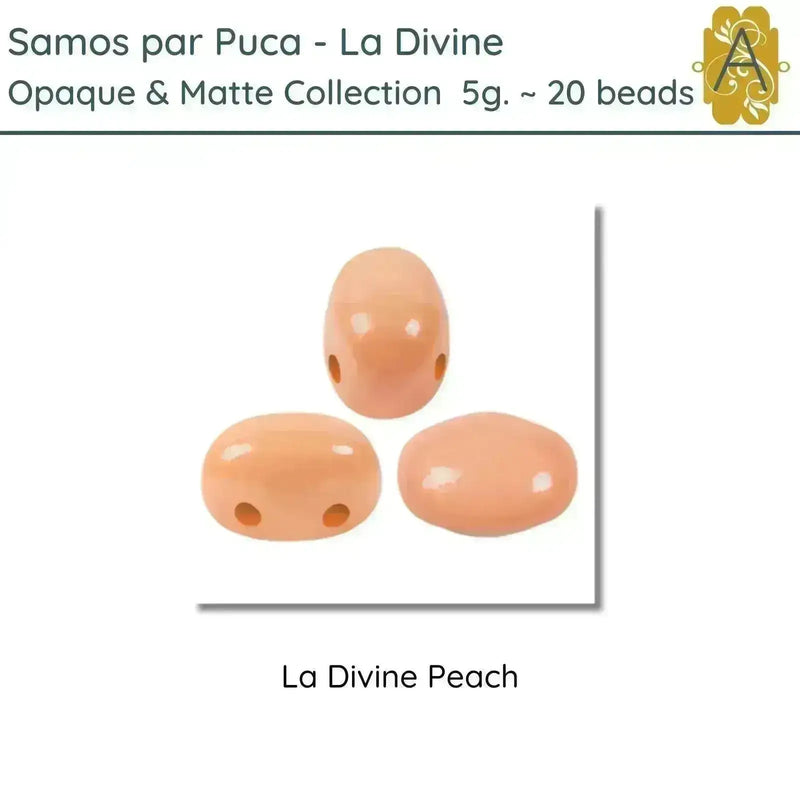 Three peach-colored 2-hole beads labeled 'La Divine Peach' from the 'Samos par Puca - La Divine' collection.