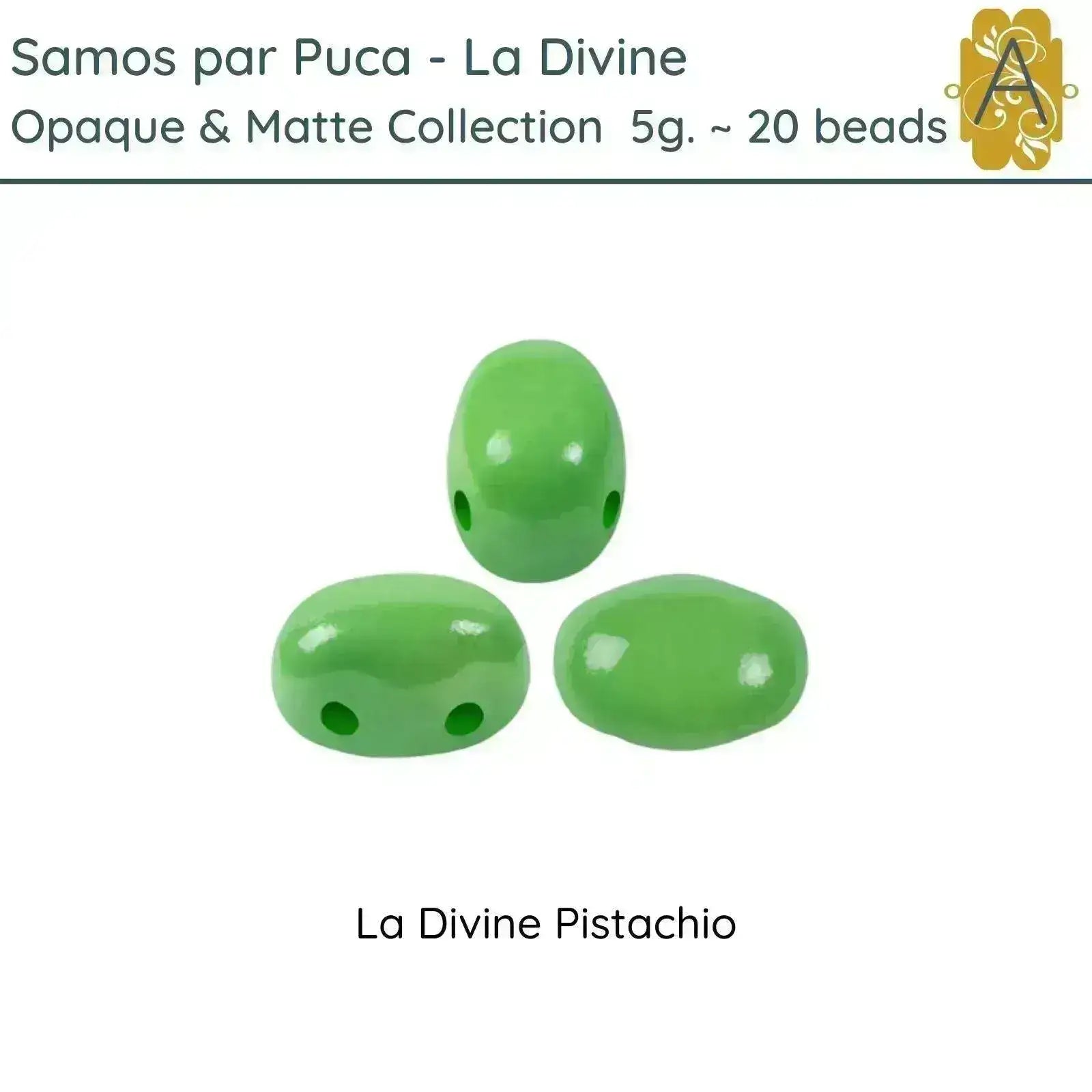 Three green 2-hole beads labeled 'La Divine Pistachio' on a white background
