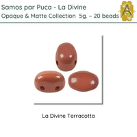 Three terracotta-colored 2-hole beads on a white background with text indicating brand and product details.
