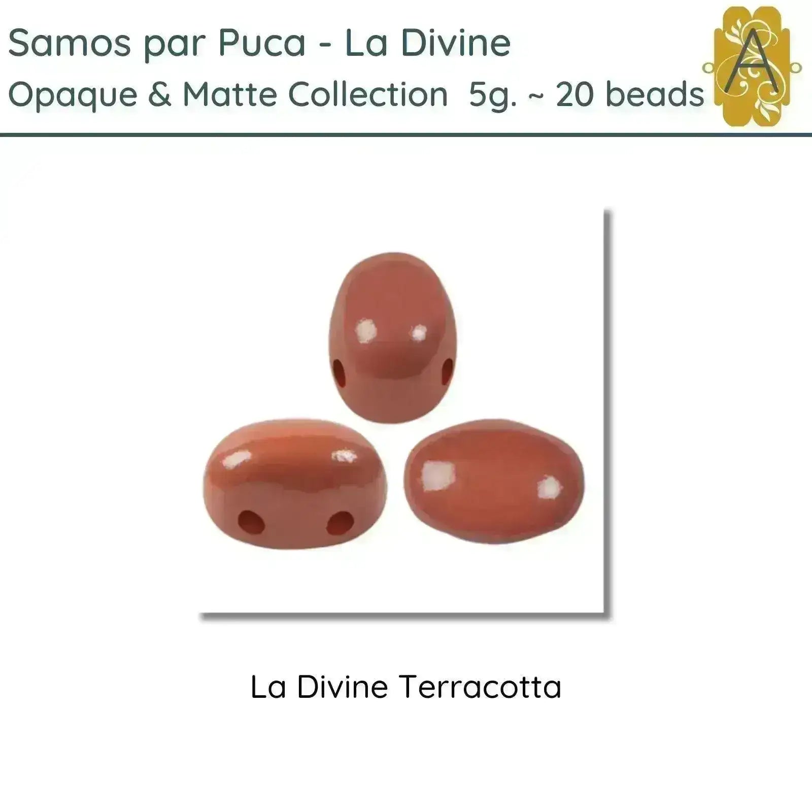 Three terracotta-colored 2-hole beads on a white background with text indicating brand and product details.