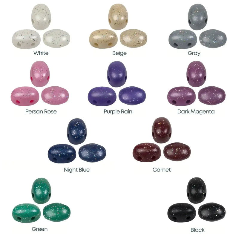 Color swatch of various 2-hole beads colors on a white background