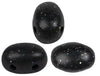 Three black speckled 2-hole beads on a white background