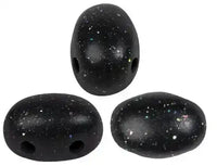 Three black speckled 2-hole beads on a white background