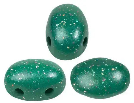 Three green speckled 2-hole beads on a white background