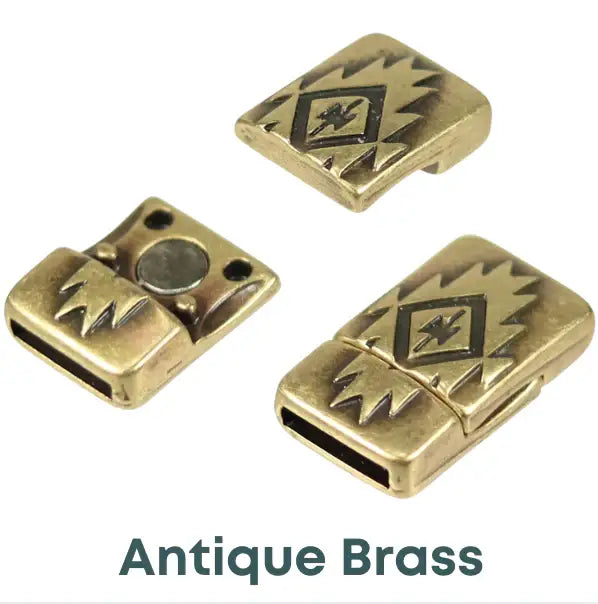Southwestern, 10mm Flat Leather Magnetic Clasp, Made in Europe - Southwestern, 10mm Flat Leather Magnetic Clasp, Made in Europe - Antique Fine Silver Plate , The Argus Collection