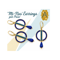 Three pairs of 'Mi-Nos' earrings by Puca featuring gold-plated circular frames with blue beaded details and teardrop blue drops, displayed on a white background with decorative text and logo.