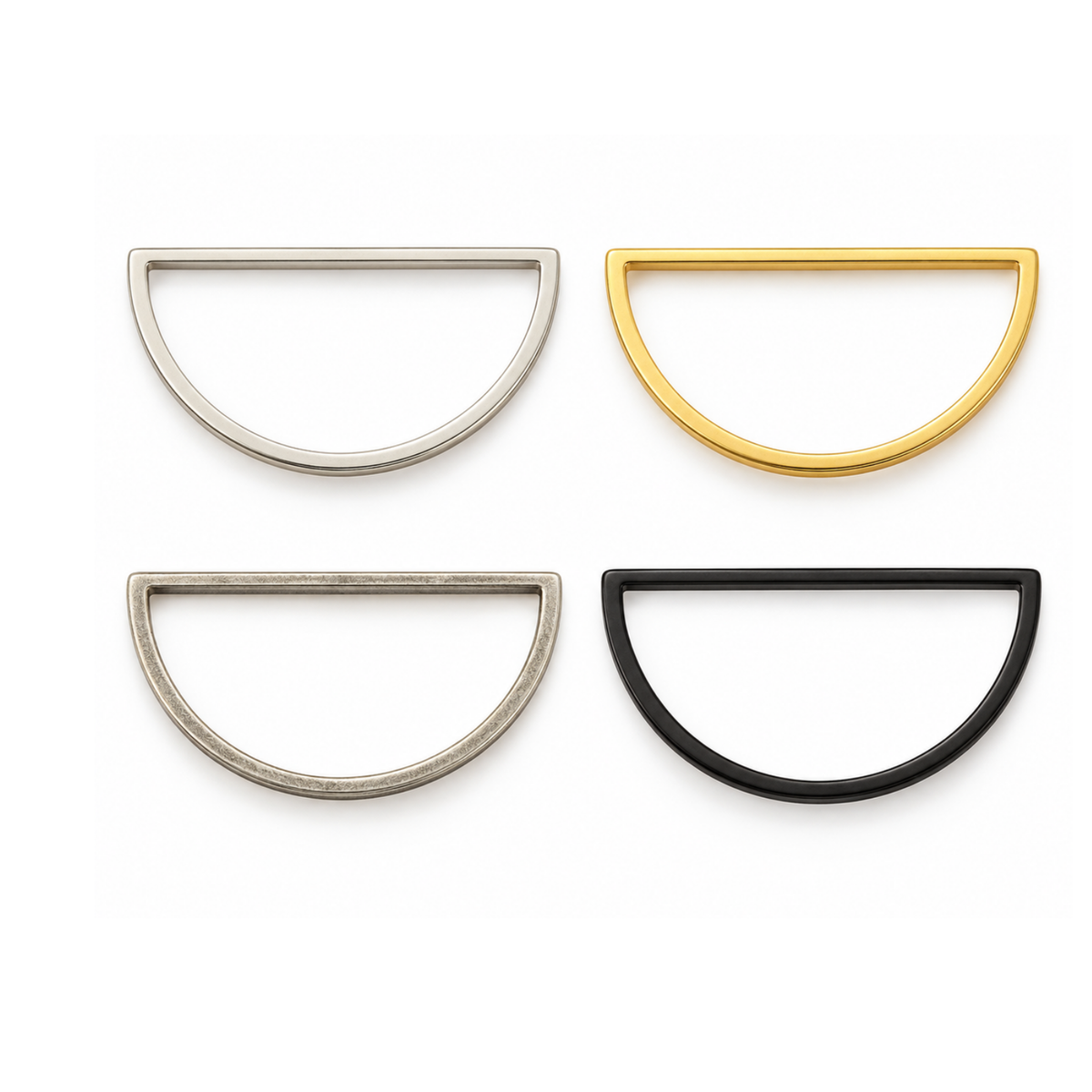 30x15mm semi-circle half moon connectors in Silver, Gold/Brass, Antique Silver and Black finishes.