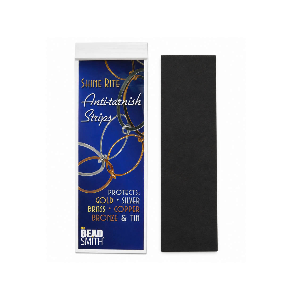 SHINE RITE 2 x 7 inch anti-tarnish strips with retail package and individual black strip.