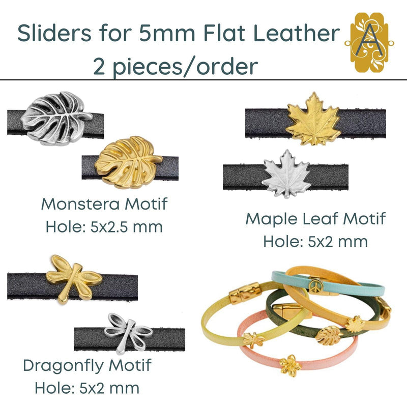 Sliders for 5mm Flat Leather or Cords, (2 Pieces) 3 Styles, 2 Finishes - The Argus Collection