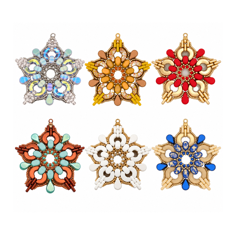 Snowflake ornament beading kit in six colorways – Crystal Glory, Sunshine, Ruby Red, Coppery, Morning Dew and Snowy White