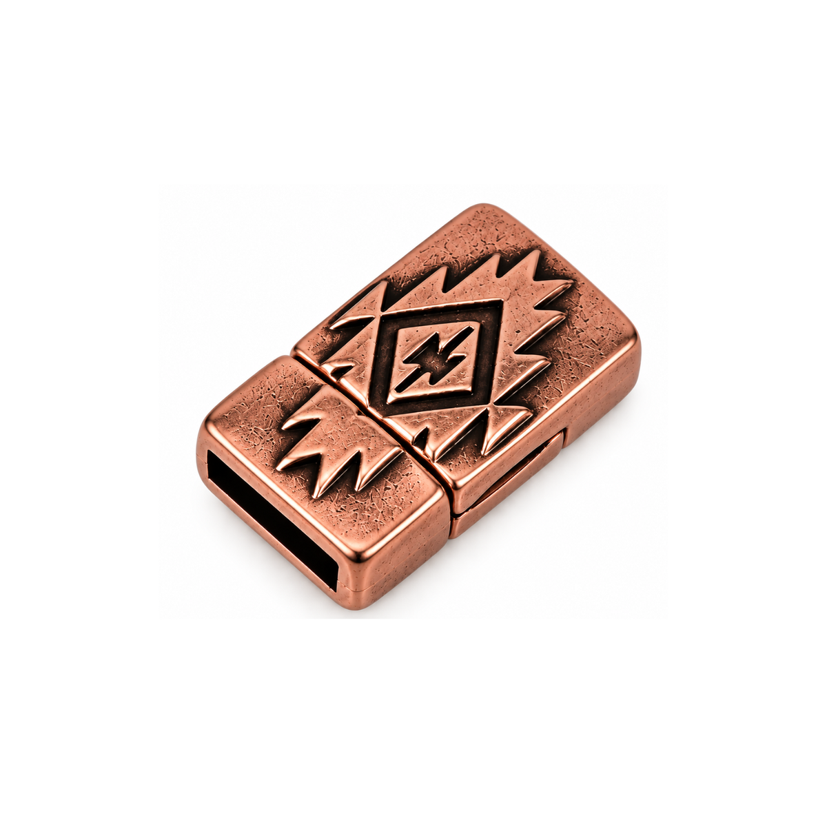 Southwestern 10mm flat leather clasp in Antique Copper finish with etched geometric design