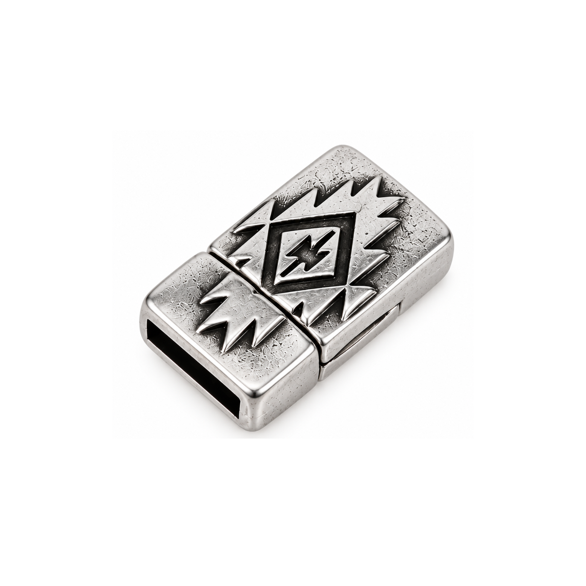 Southwestern 10mm flat leather clasp in Antique Fine Silver finish with etched geometric design