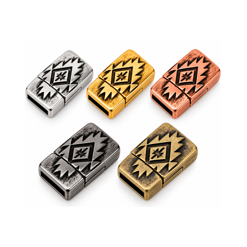 Southwestern 10mm flat leather clasp in Antique Fine Silver, 24K Gold Plate, Antique Copper, Gunmetal and Antique Brass finishes