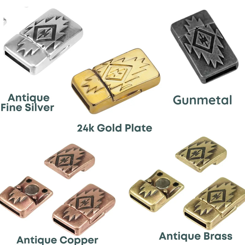 Southwestern, 10mm Flat Leather Magnetic Clasp, Made in Europe - Southwestern, 10mm Flat Leather Magnetic Clasp, Made in Europe - Antique Fine Silver Plate , The Argus Collection
