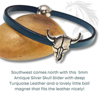 Bull Skull Sliders for Leather or Cork, 5mm in 99% Fine Silver Plating, Antique Silver - The Argus Collection