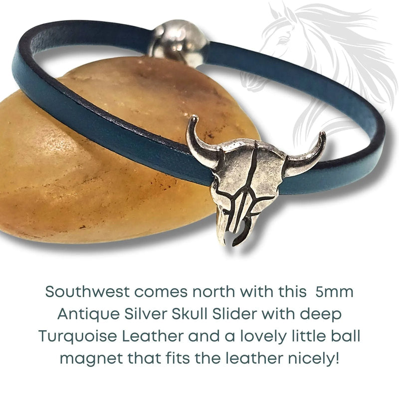 Bull Skull Sliders for Leather or Cork, 5mm in 99% Fine Silver Plating, Antique Silver - The Argus Collection